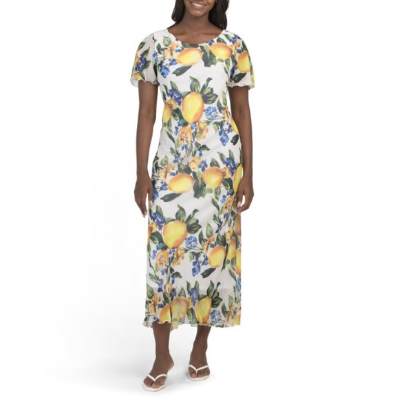 ISAAC MIZRAHI NEW YORK  Usa Flutter Sleeve Lemon Print Chiffon Maxi Dress - Picture 1 of 2